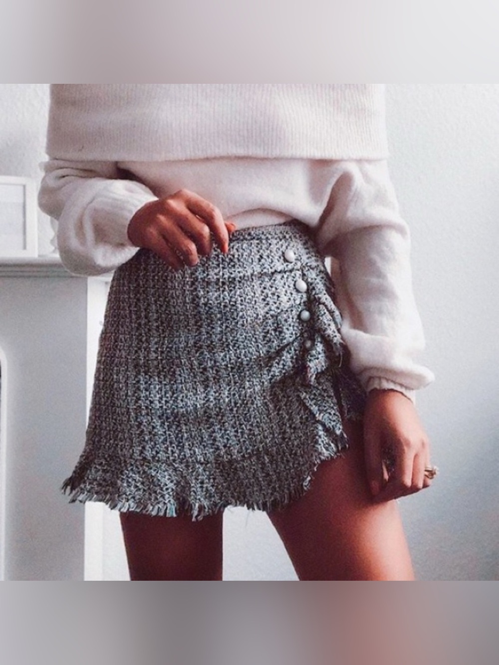 Sexy Zara Multicolor Tweed Mini Skirt with Pearl Buttons